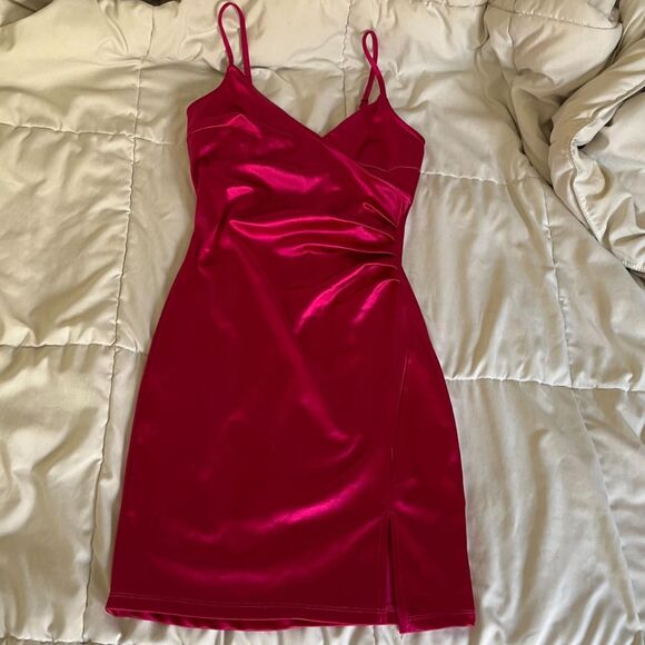 Inspired Hearts Y2K Style Magenta Hot Pink Satin Slip Cocktail Party Mini Dress - Picture 3 of 6